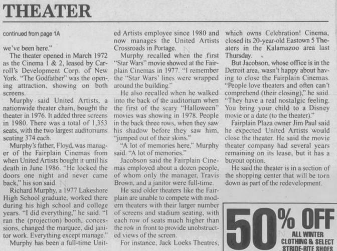 Fairplain Cinemas 5 - Jan 1998 Article On Closing Cont